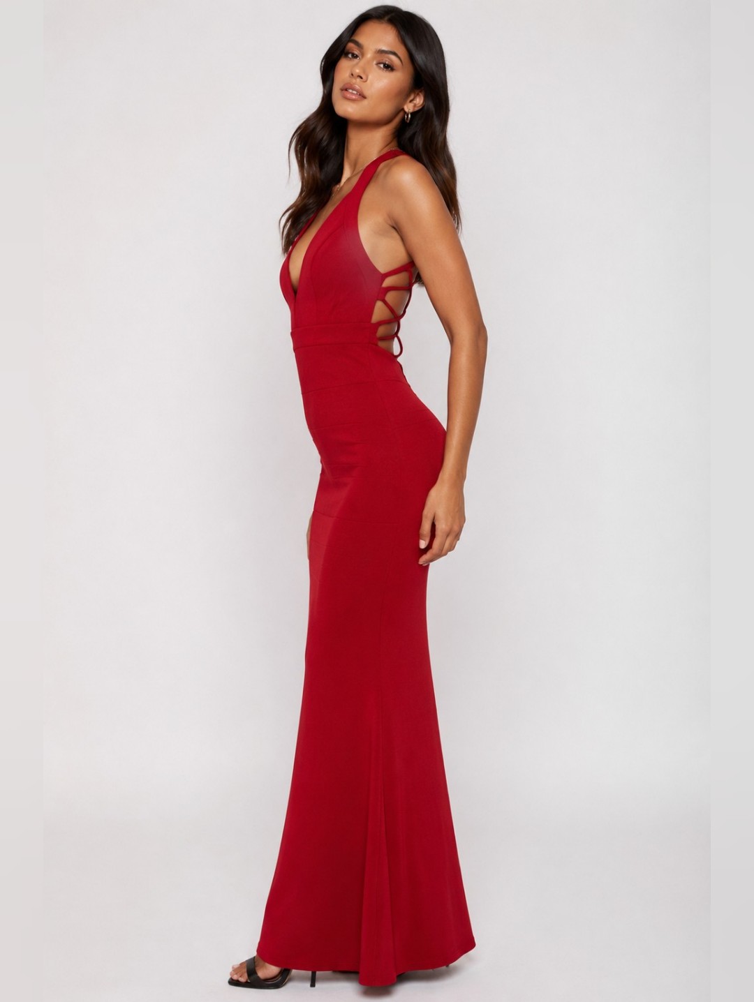 Windsor Red Bandage Mermaid Maxi Dress | Lace-Up Open Back | Size 5